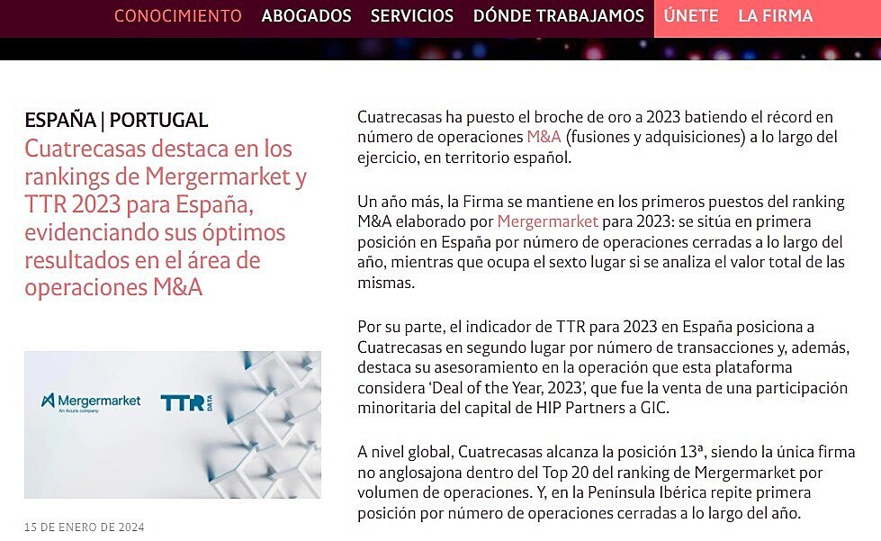 Cuatrecasas cierra el ejercicio 2023 con excelentes resultados para Espaa en los rankings de M&A